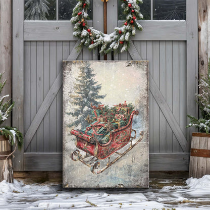 Canvas of a red sleigh filled with green and gold gifts beside a tall spruce tree in snow, leaning on a gray barn door