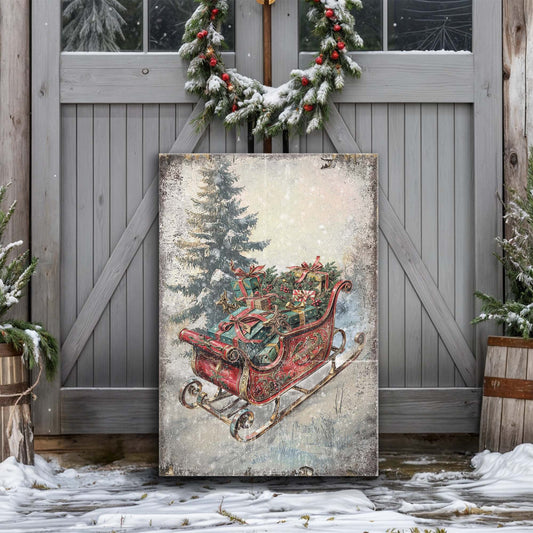 Vintage Christmas Sleigh Sled canvas wall art II, classic illustrated winter sleigh scene