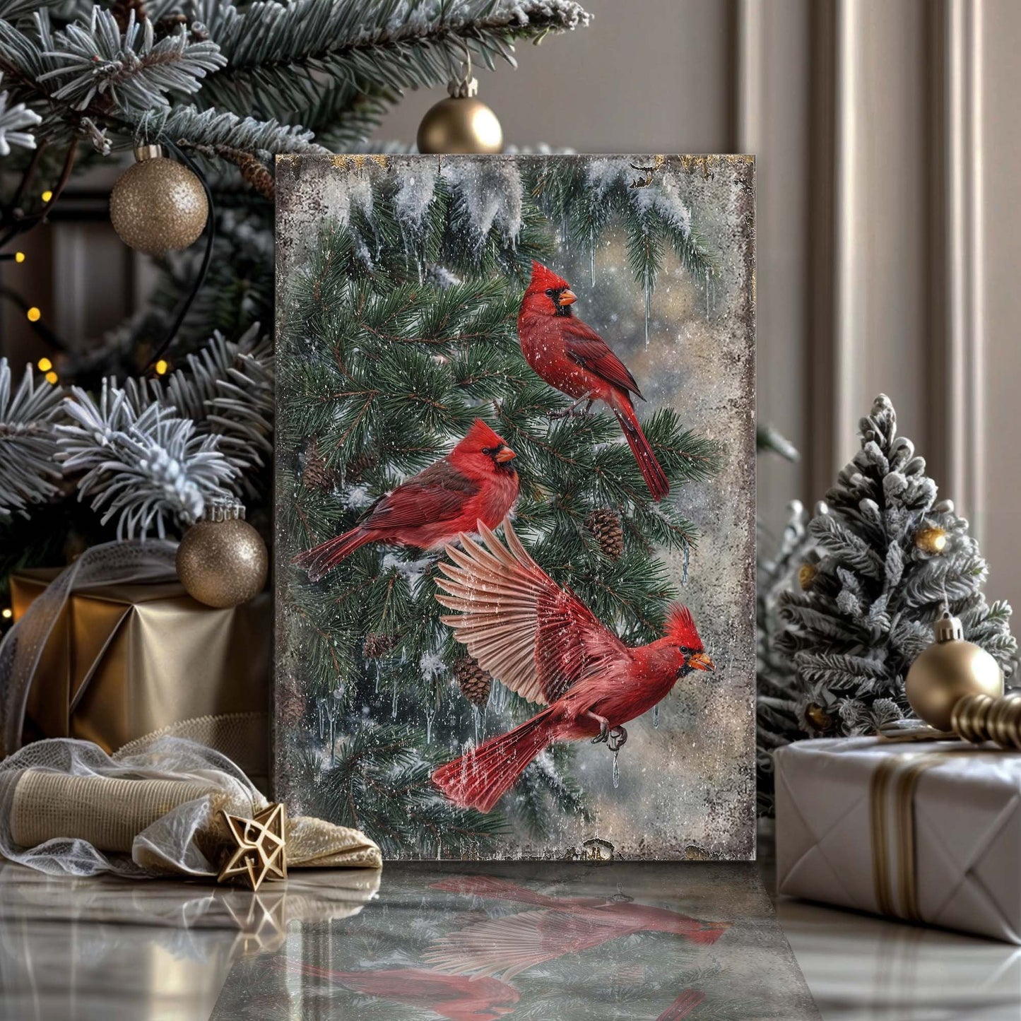 Vintage Cardinal Christmas Canvas Wall Art
