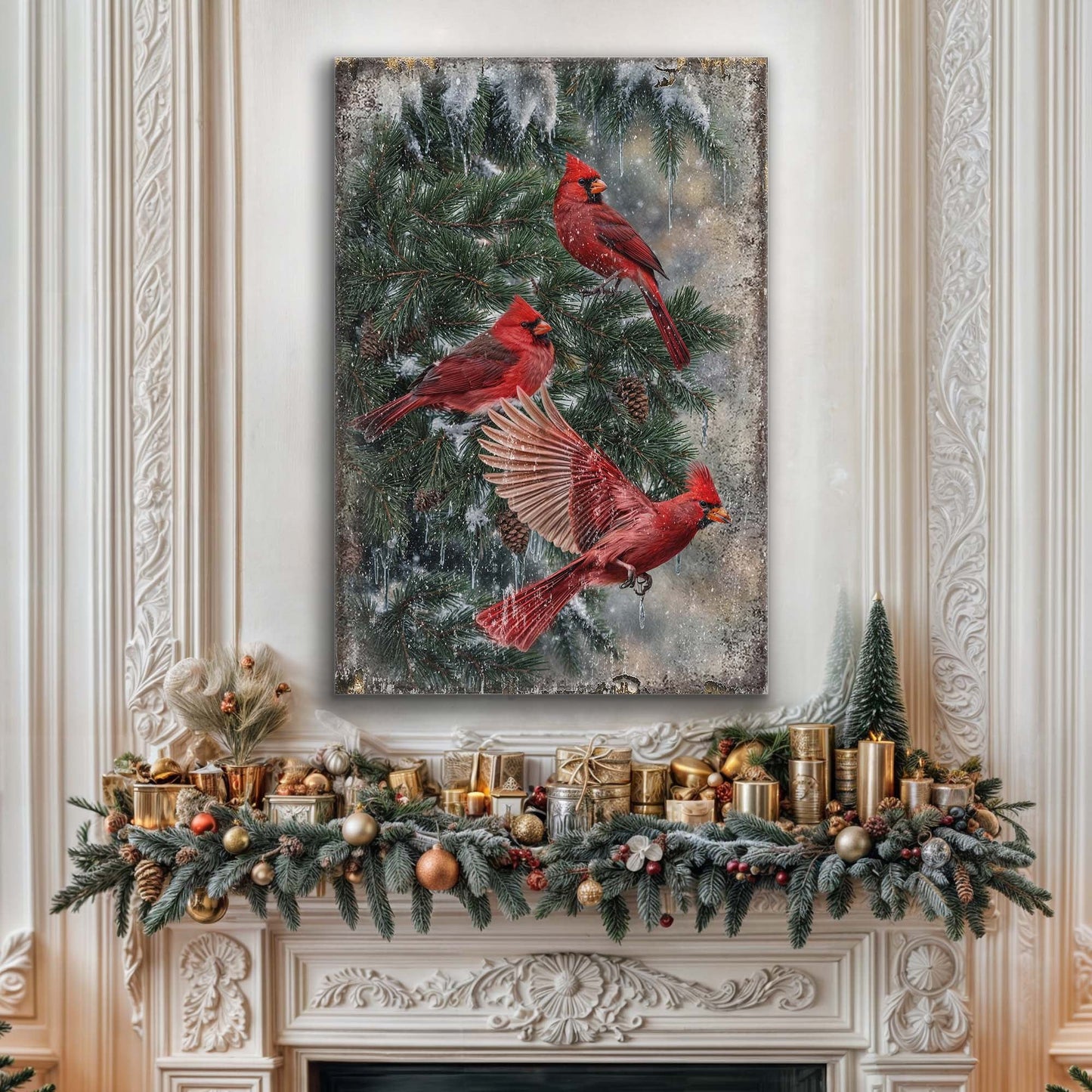 Vintage Cardinal Christmas Canvas Wall Art