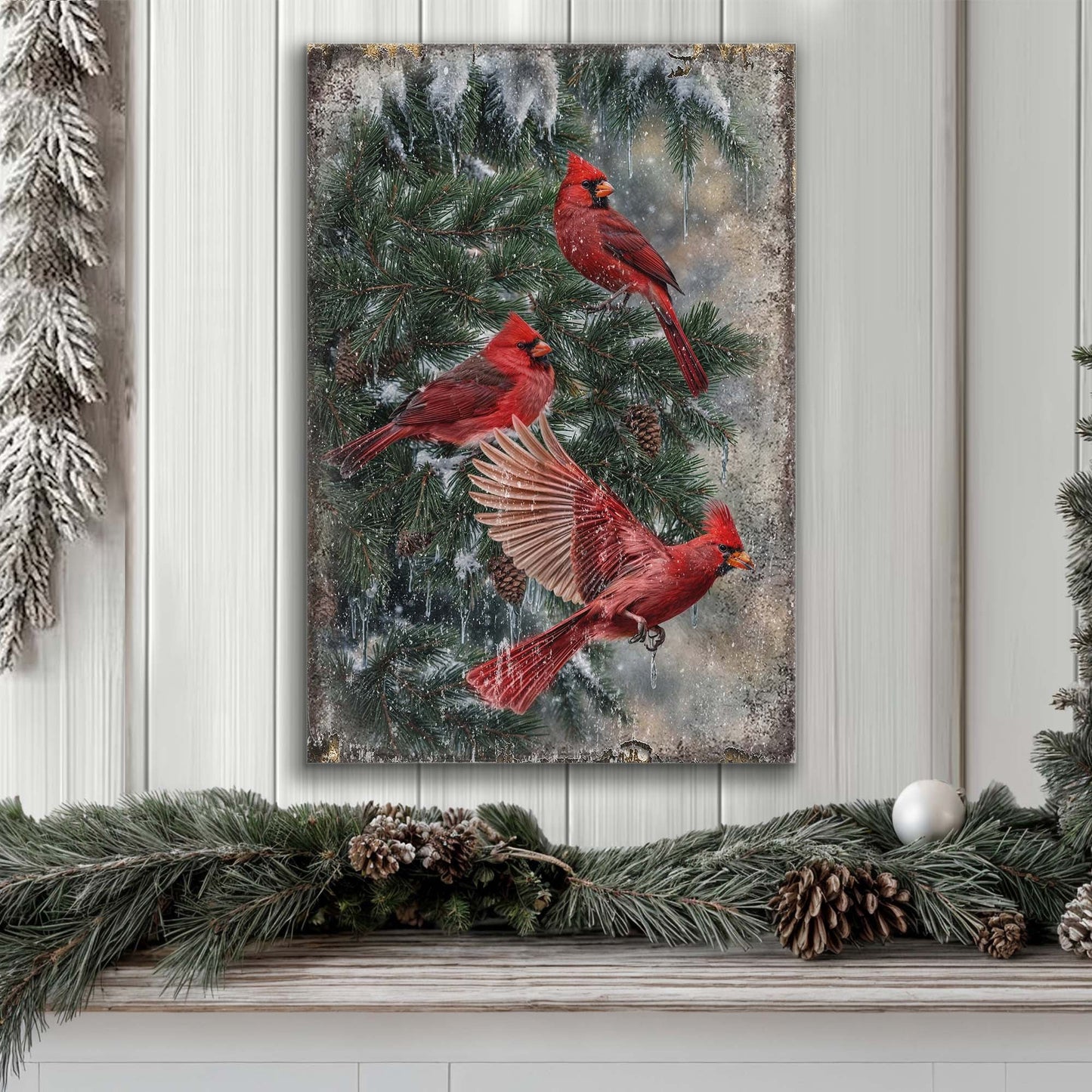 Vintage Cardinal Christmas Canvas Wall Art