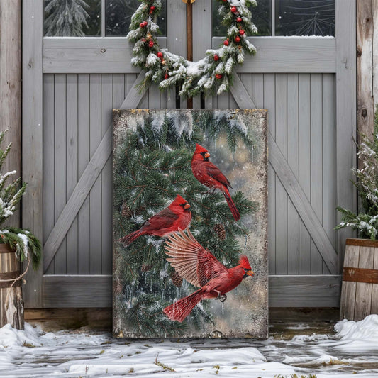 Vintage Cardinal Christmas canvas wall art II, red cardinal birds in vintage Christmas setting