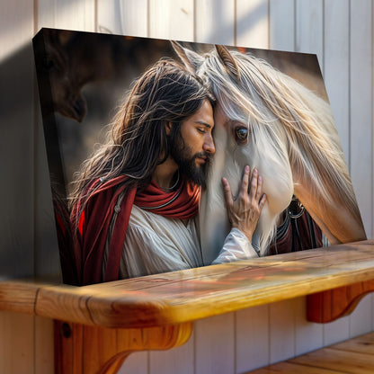 Jesus in a Red Shawl with a White Horse canvas shown in a styled room setting, view 3