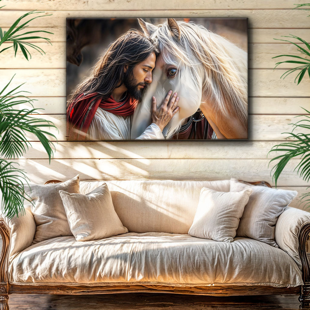 Jesus and horse faith canvas wall art with peaceful spiritual imagery