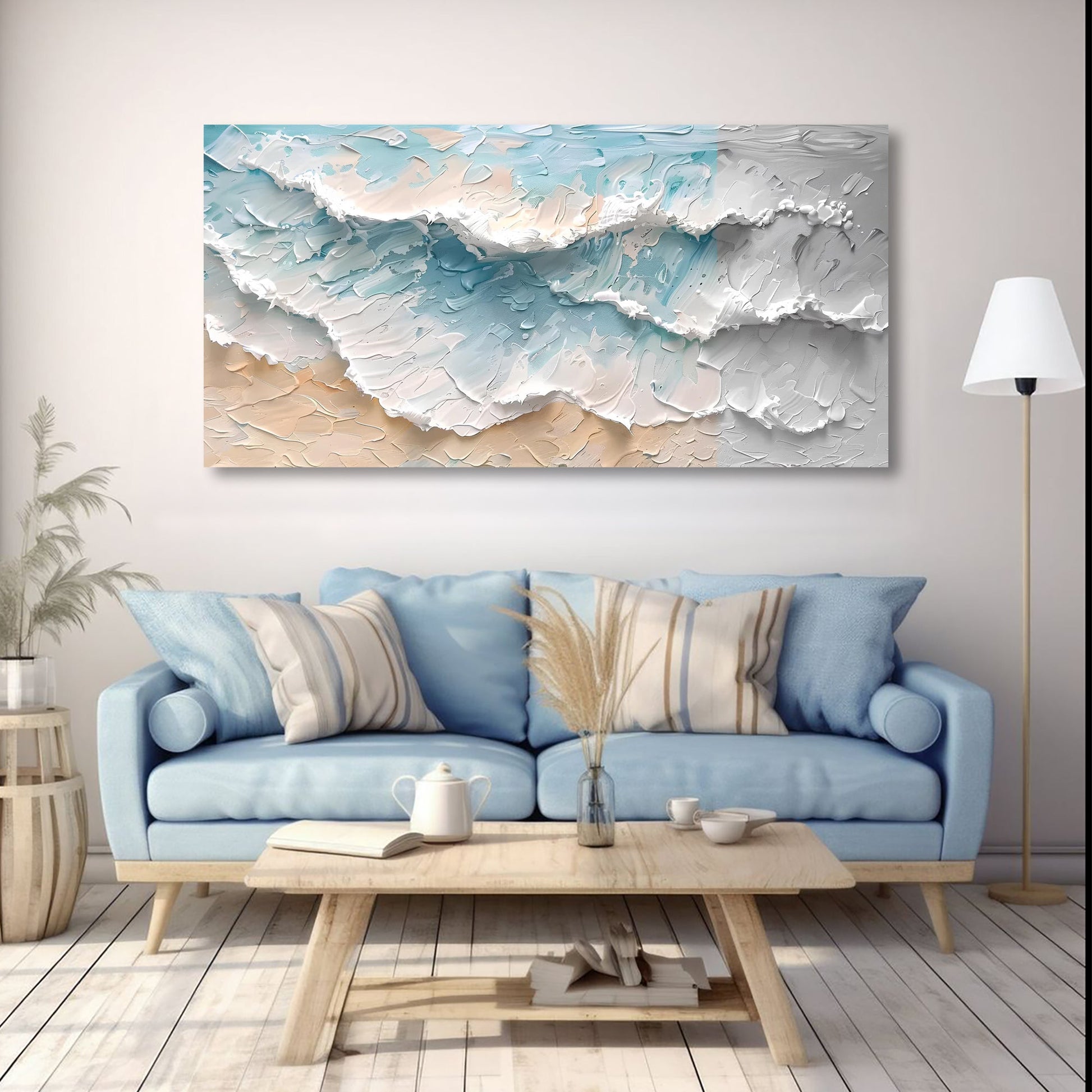 Blue ocean coastal canvas wall art in calm blue tones, ready to hang