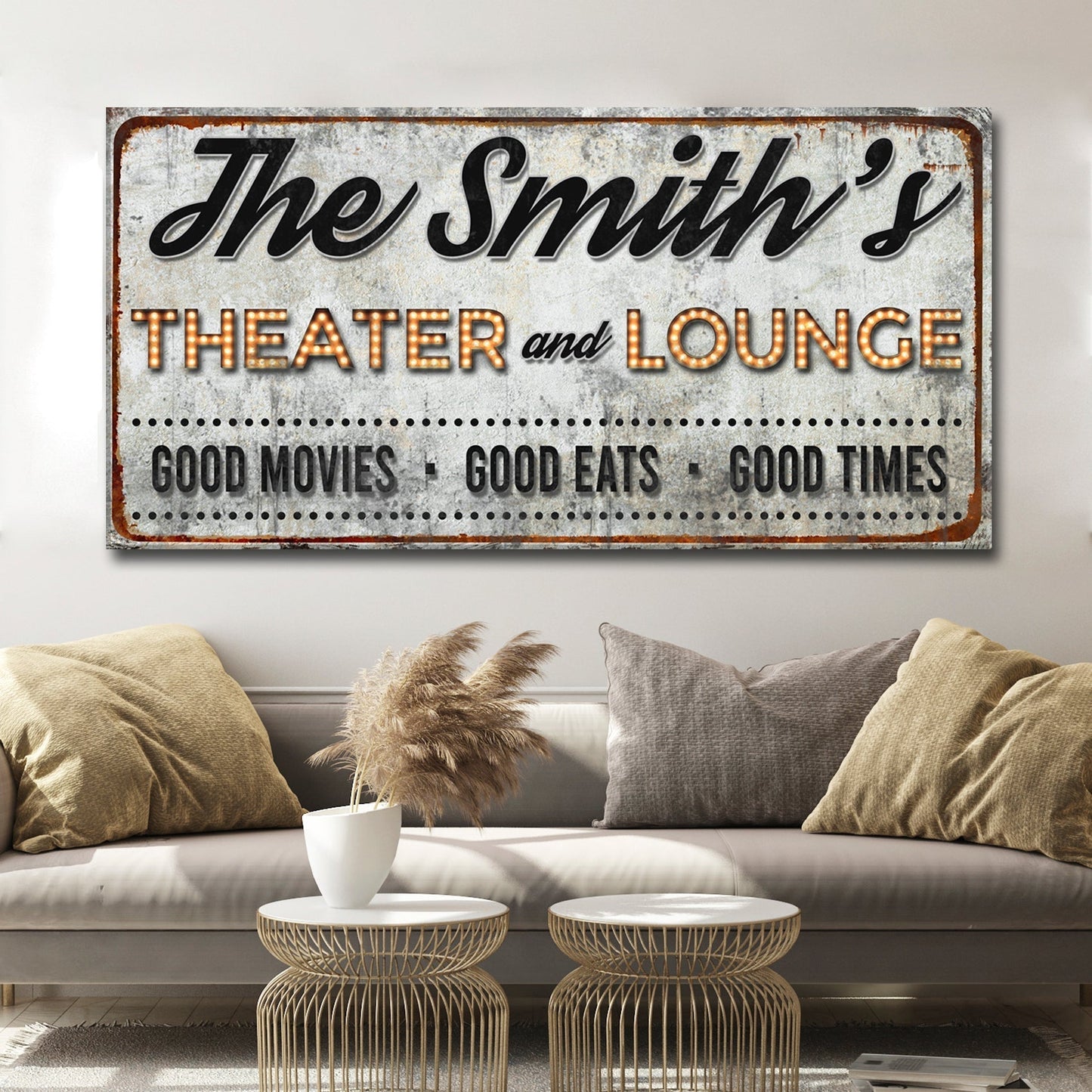 Personalized Family Theater And Lounge rustic word-art canvas sign ready to hang
