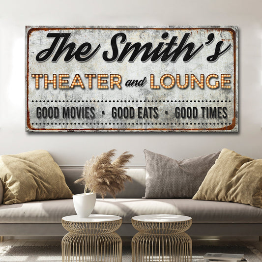Personalized Family Theater And Lounge rustic word-art canvas sign ready to hang