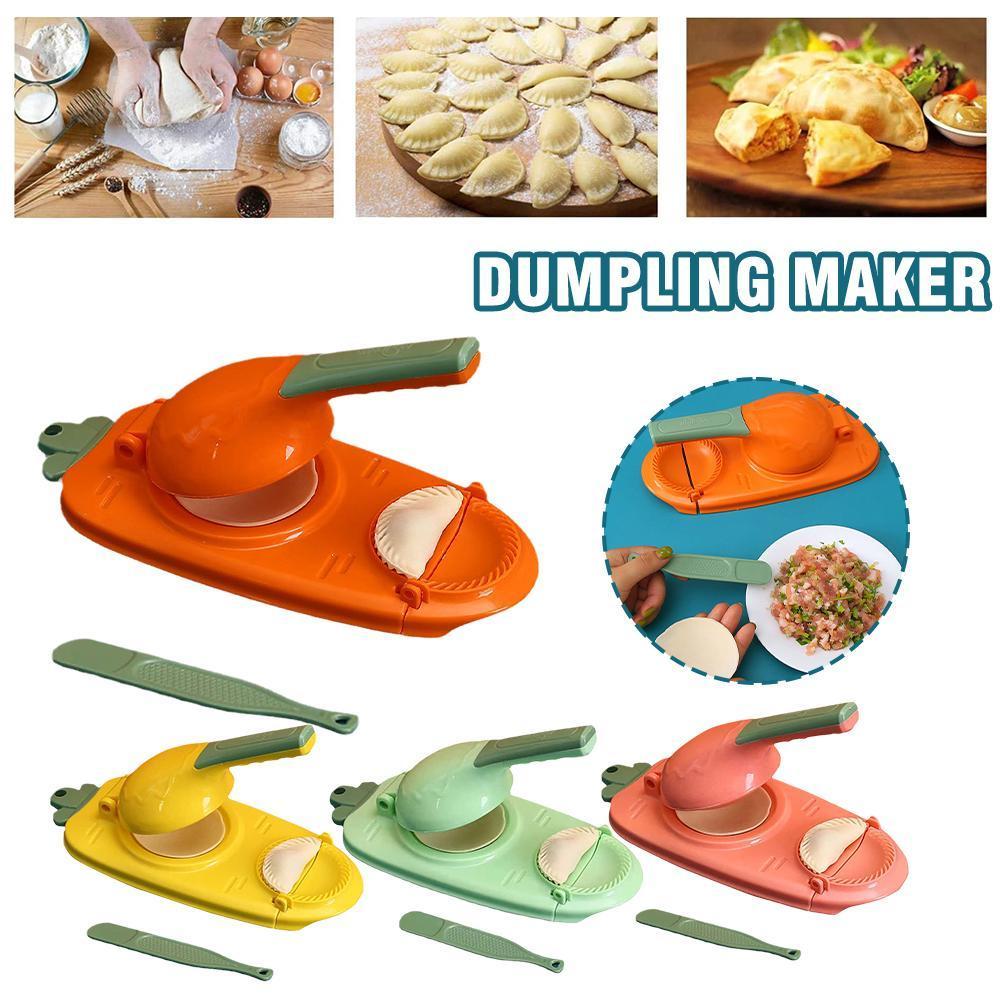 A collage of images showcasing a 2-in-1 dumpling maker in various colors orange, green, and yellow. The main image shows the product in orange with a green handle, with additional images demonstrating its use and different color variants.