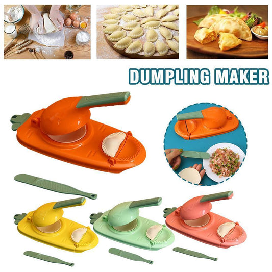 A collage of images showcasing a 2-in-1 dumpling maker in various colors orange, green, and yellow. The main image shows the product in orange with a green handle, with additional images demonstrating its use and different color variants.