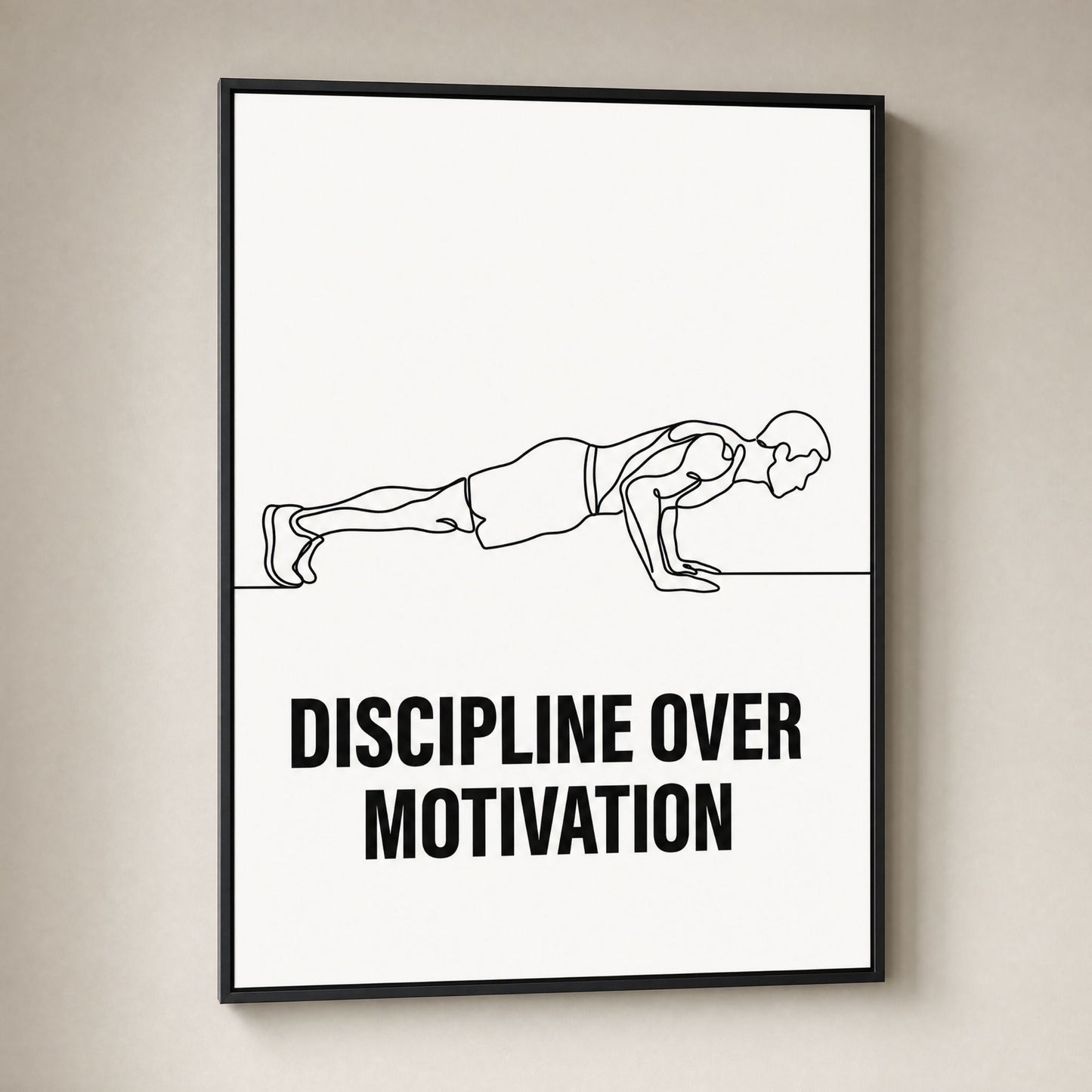 Discipline Over Motivation wall art, a line drawing of a figure in a push-up, framed in black and ready to hang