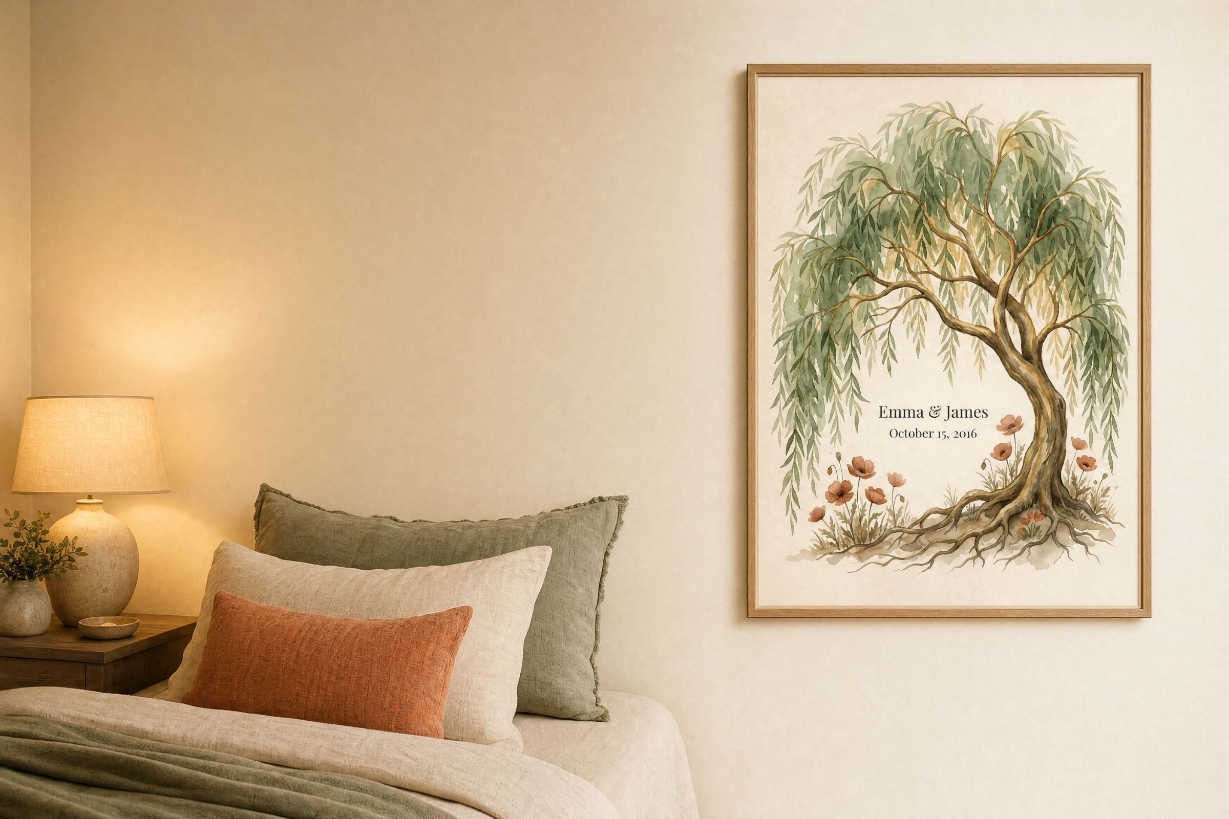A framed personalized will tree art print hangs on a beige wall above a bed with neutral-toned pillows and a lit bedside lamp.