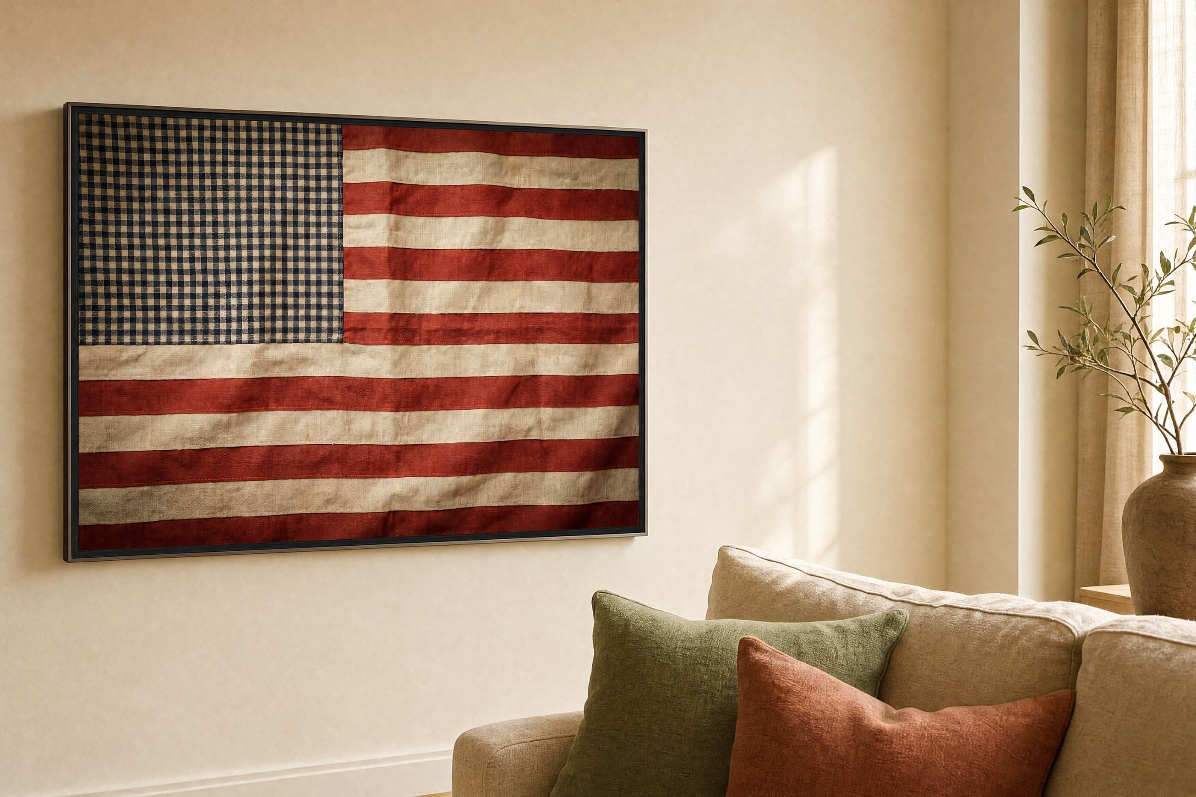 A framed vintage-style American flag wall art piece hanging on a beige wall above a sofa with green and rust-colored pillows in a sunlit living room.