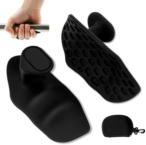 A pair of black lifting grips designed to fit around the palm and lock into place, with a textured surface for grip. The product is shown in various states of use, including packaged, worn on a hand, and a close-up of the grip surface.