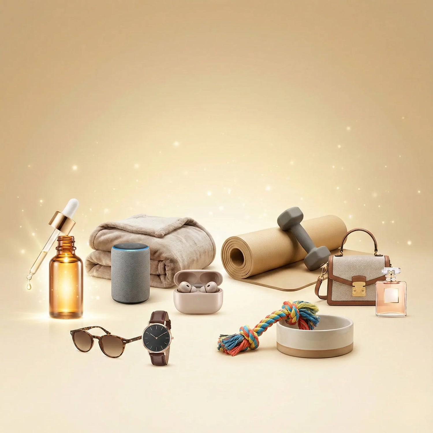 A still life composition featuring a curated selection of lifestyle products on a warm, glowing background with sparkling effects. Items include a glass serum bottle, a folded plush blanket, a smart speaker, wireless earbuds in a case, a yoga mat with a dumbbell, sunglasses, a wristwatch, a colorful rope dog toy, a ceramic pet bowl, and a small designer handbag with a perfume bottle.