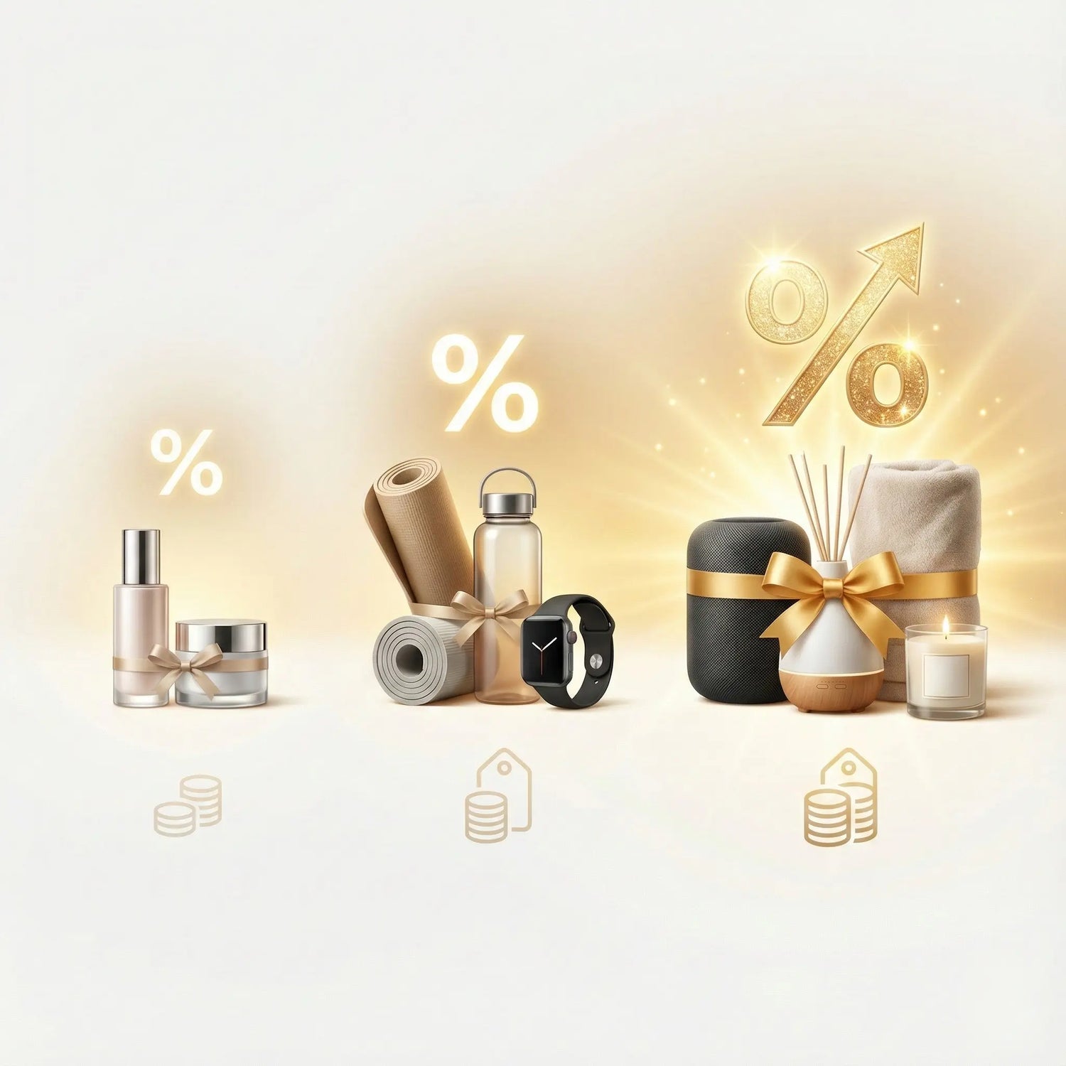 A three-stage graphic illustrating a "save more when you buy more" bundle discount concept. The first stage shows two beauty products with a small percentage icon. The second stage shows three fitness and tech items with a larger percentage icon. The third and final stage shows four home and wellness items with a large, glowing percentage icon and an upward trend arrow, all against a warm, golden background.