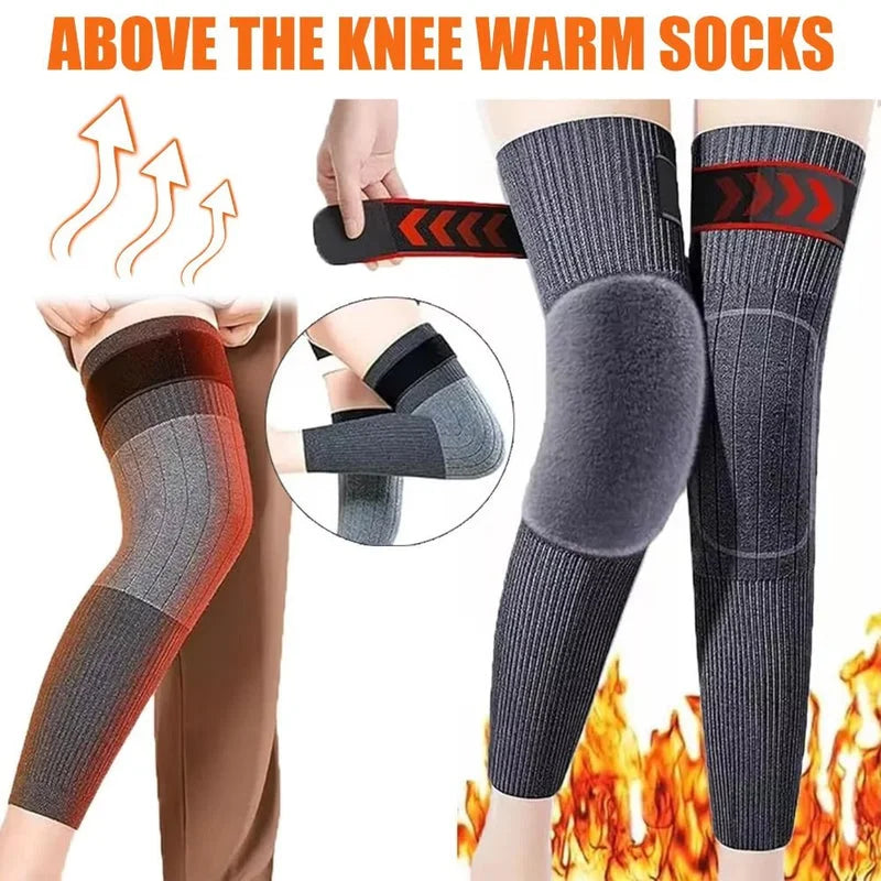 Above knee warm socks with compression bandage, plush fleece interior, and thermal heat retention for winter cold protection