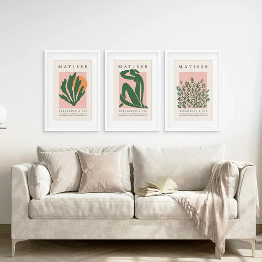 Pink Green Abstract Wall Art Set of 3 Modern Prints