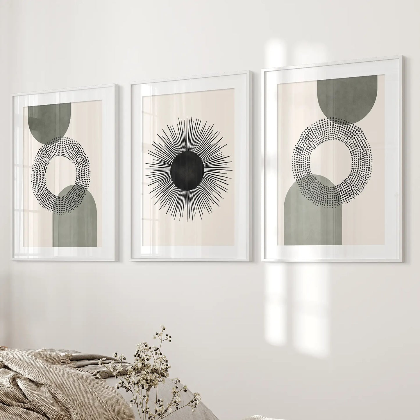 Boho Sage Green Mid Century Wall Art Set of 3