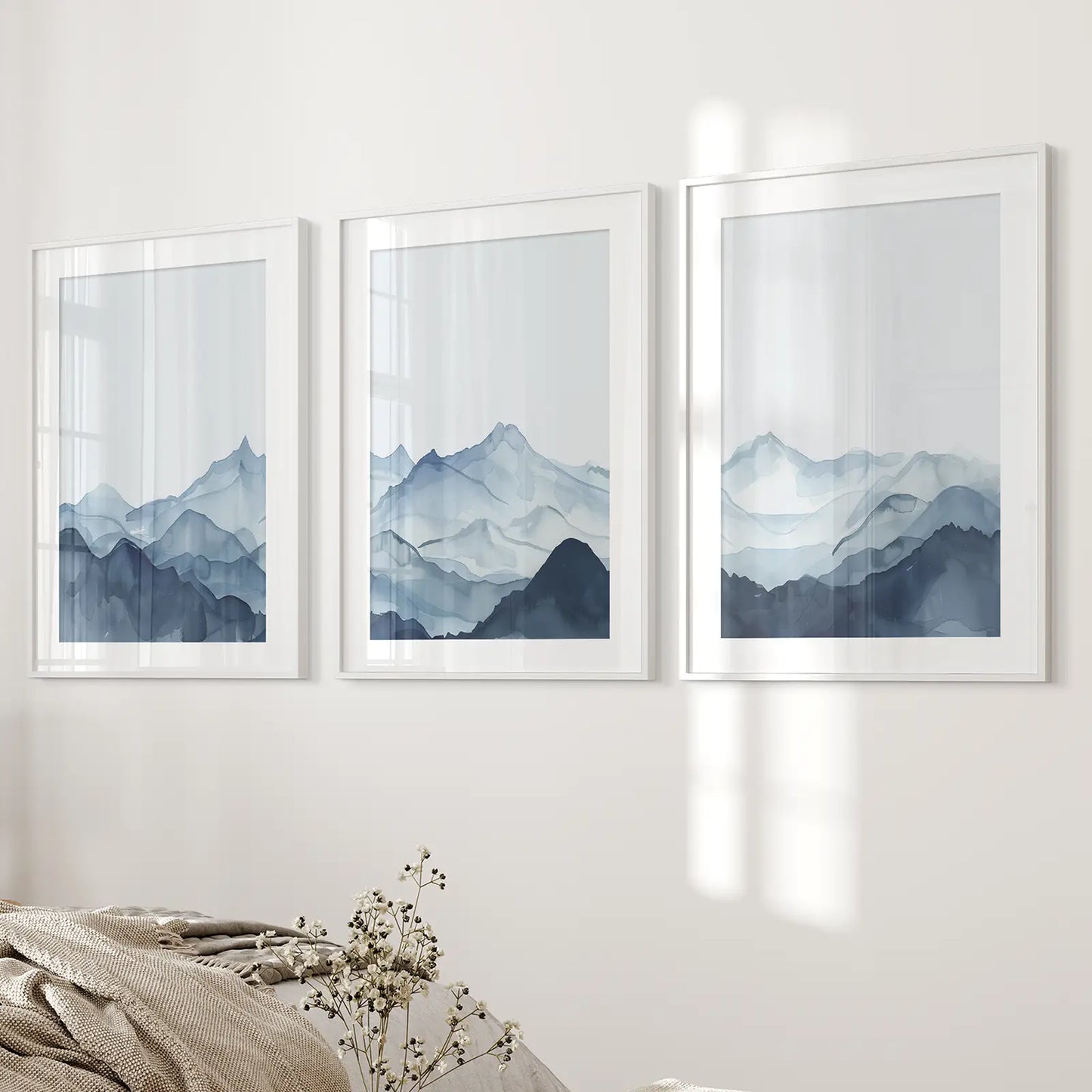 Blue Watercolor Mountain Wall Art Set of 3 Prints