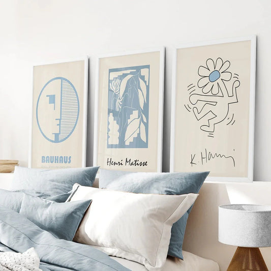 Abstract pastel blue cut-out and geometric wall art set of 3 prints