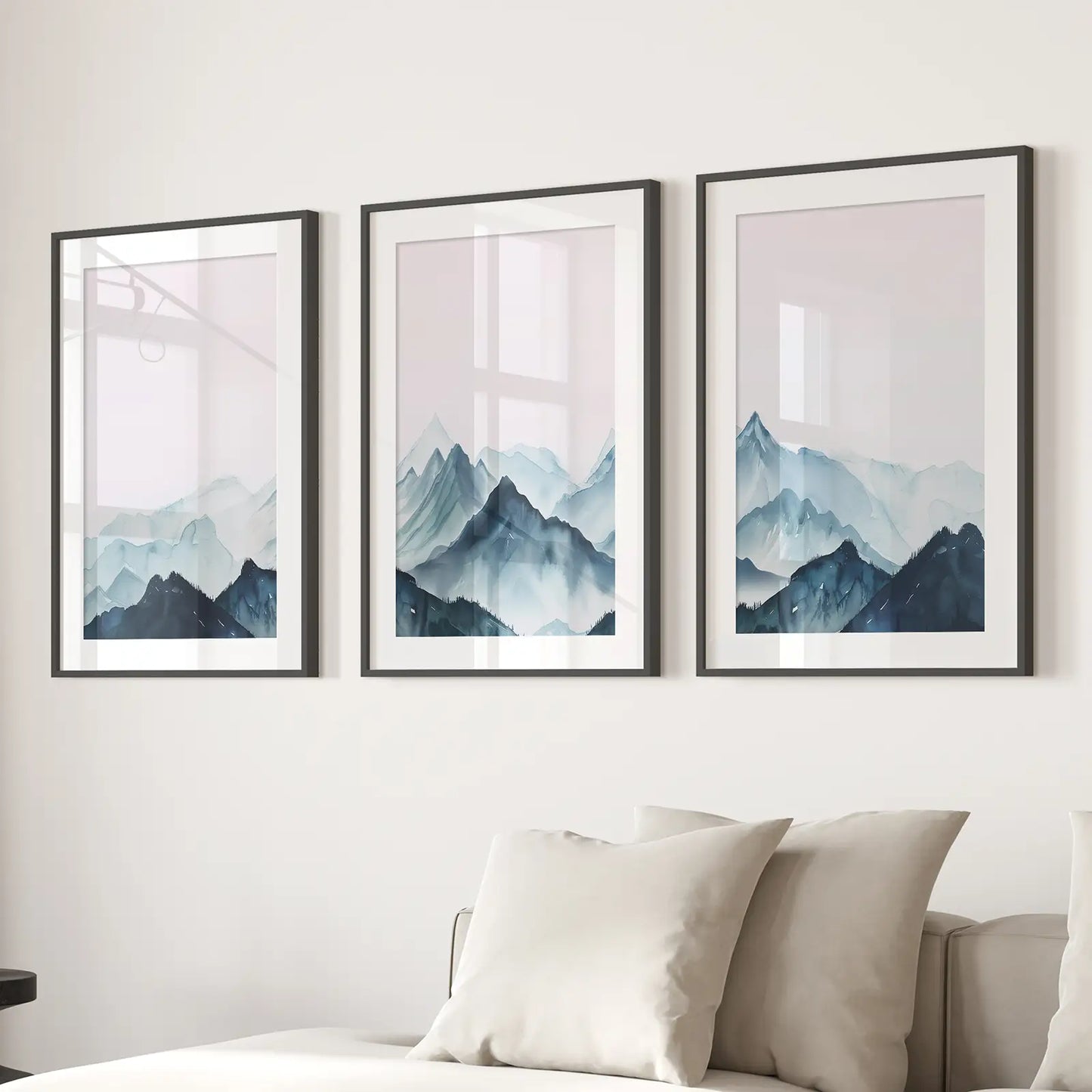 Modern Blue Mountain Landscape Wall Art Set of 3