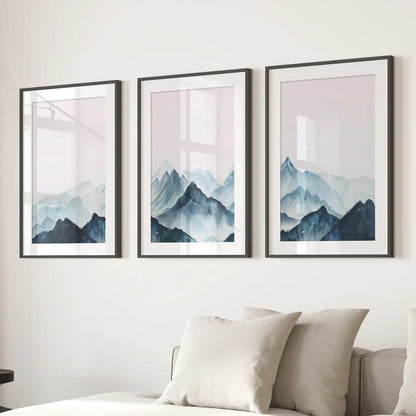 Modern Blue Mountain Landscape Wall Art Set of 3