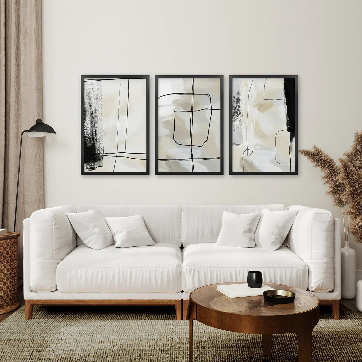 Black and Beige Abstract Wall Art Set of 3, Nordic Style
