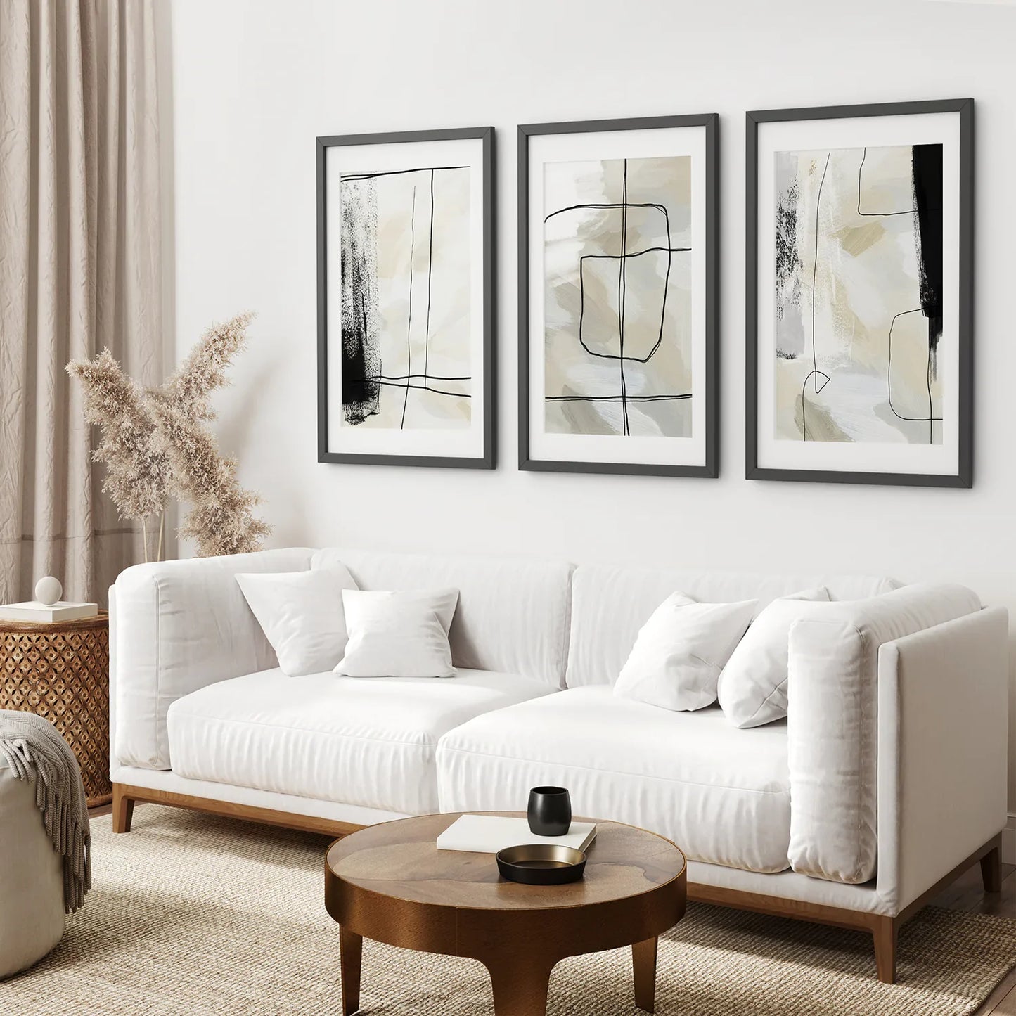 Black and Beige Abstract Wall Art Set of 3, Nordic Style