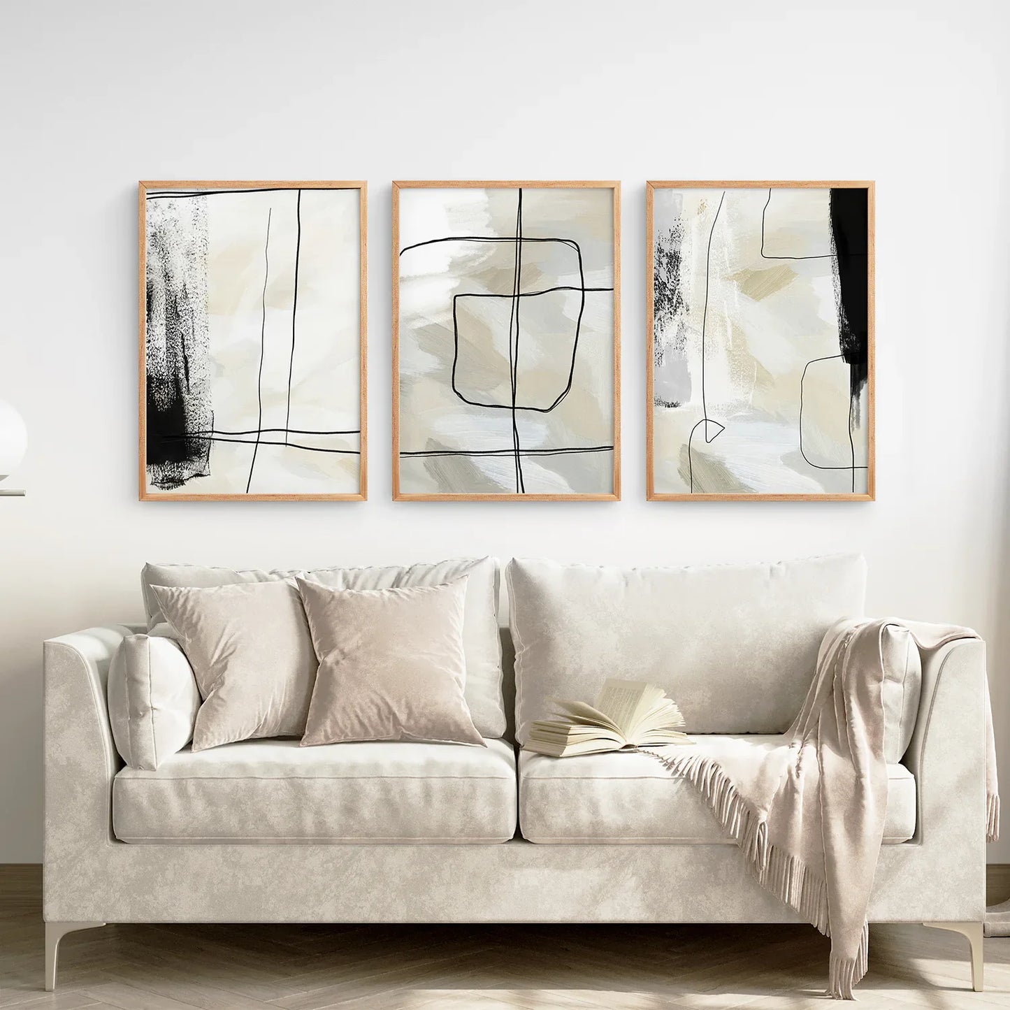 Black and Beige Abstract Wall Art Set of 3, Nordic Style