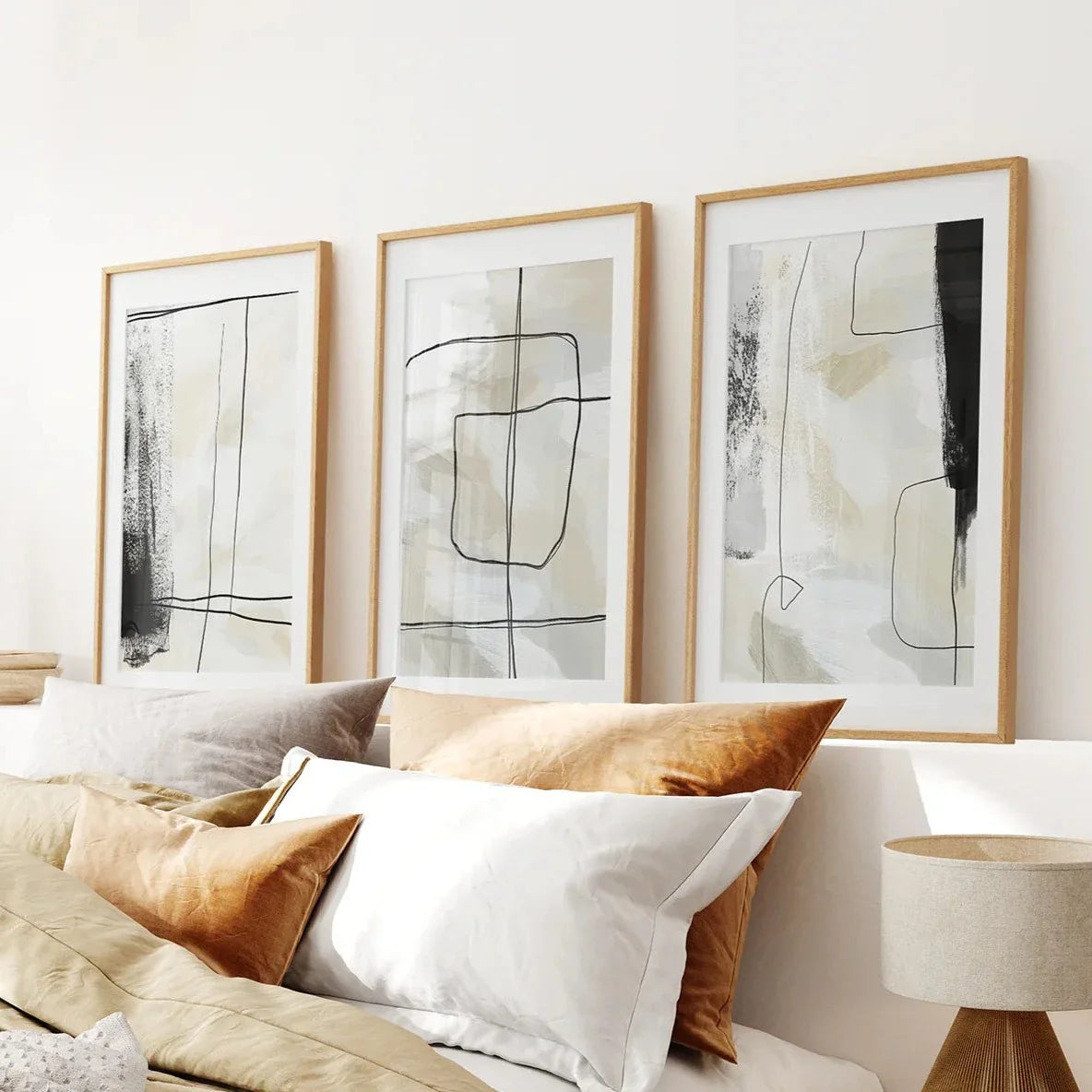 Black and beige Nordic abstract brushstroke wall art set of 3
