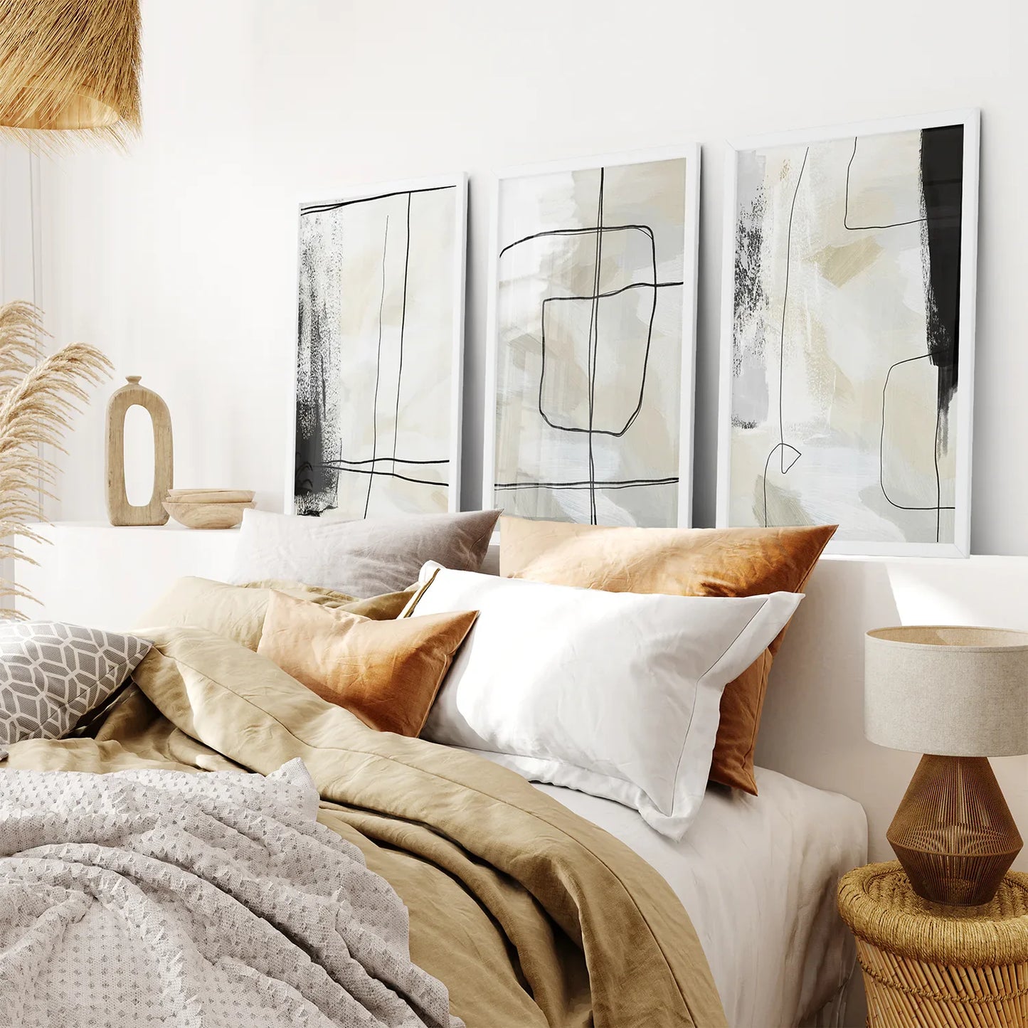 Black and Beige Abstract Wall Art Set of 3, Nordic Style