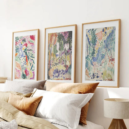 Colorful abstract Japanese garden wall art set of 3