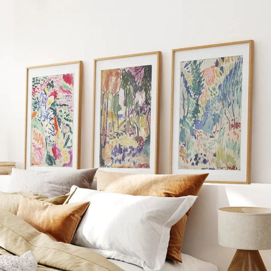Colorful abstract Japanese garden wall art set of 3