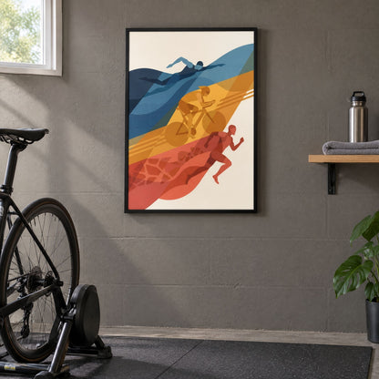 Abstract triathlon print above the mat in a home training corner, beside a turbo trainer