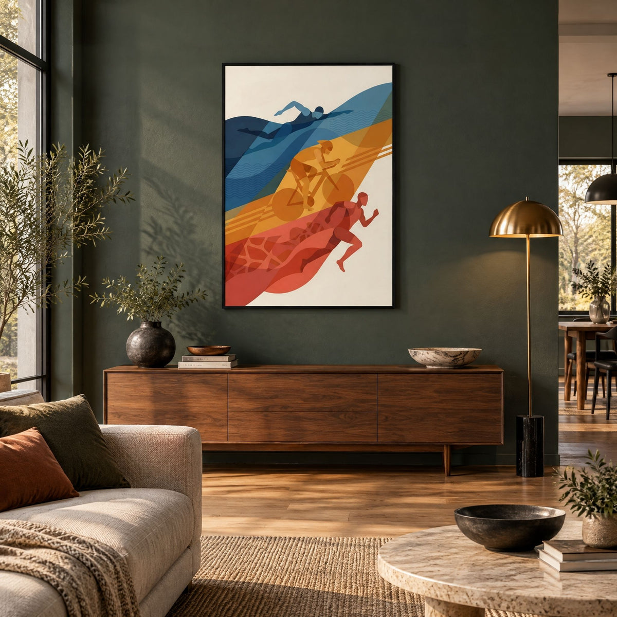Abstract triathlon wall art anchoring a design-led living space above a walnut sideboard
