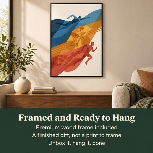 Abstract wall art that arrives framed, glazed and ready to hang with the frame included