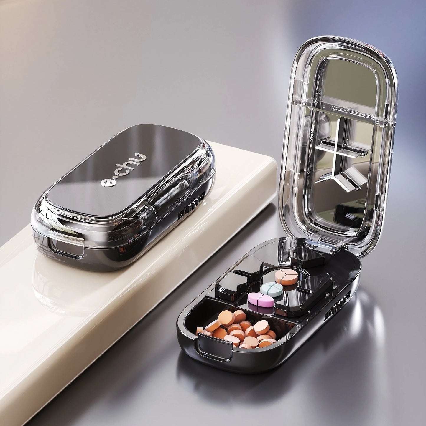 Adjustable pill cutter with clear lid cutting multiple small pills at once