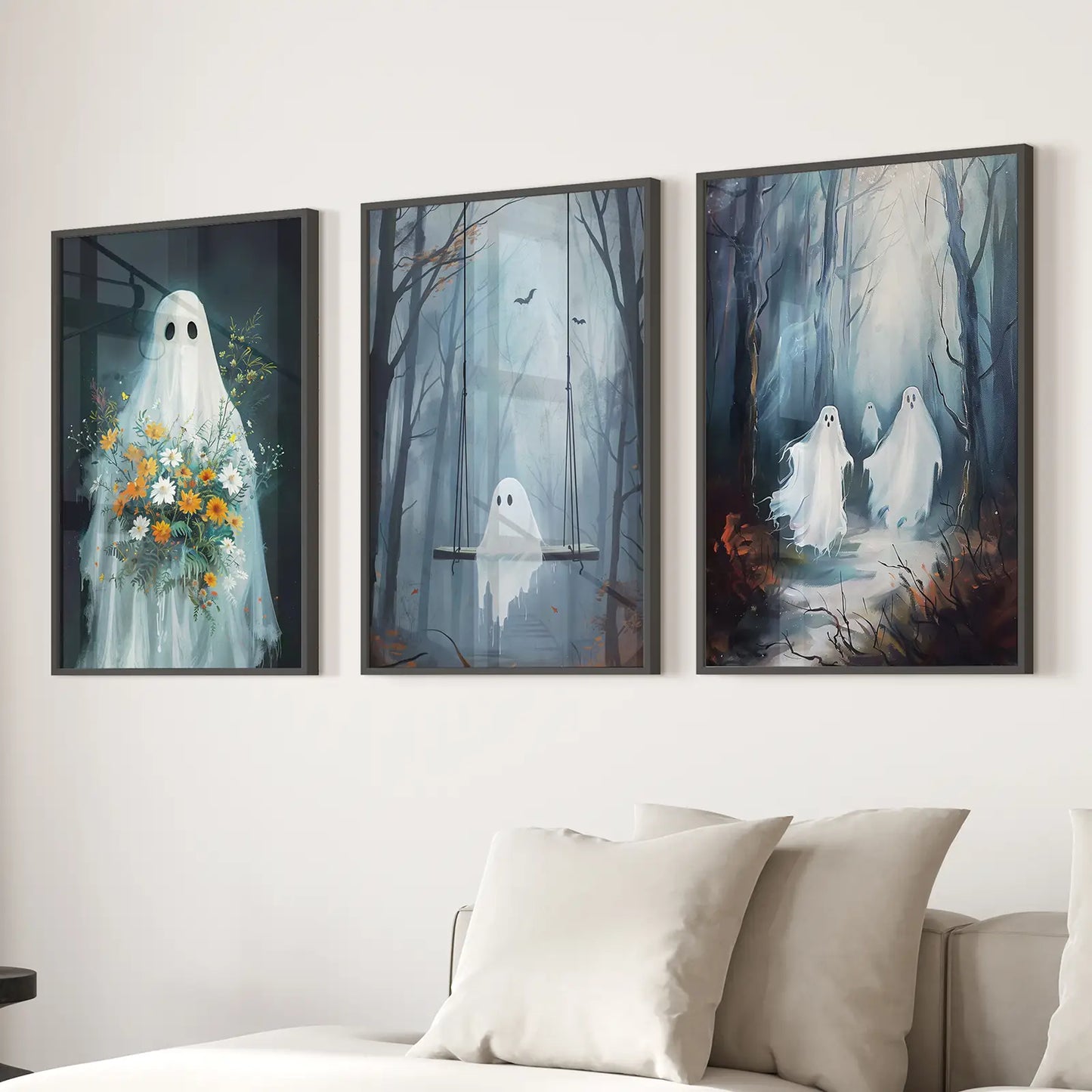 Cute Ghosts Halloween Wall Art Set of 3 Prints