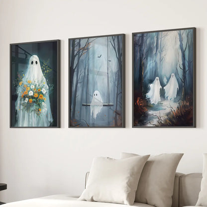 Cute Ghosts Halloween Wall Art Set of 3 Prints