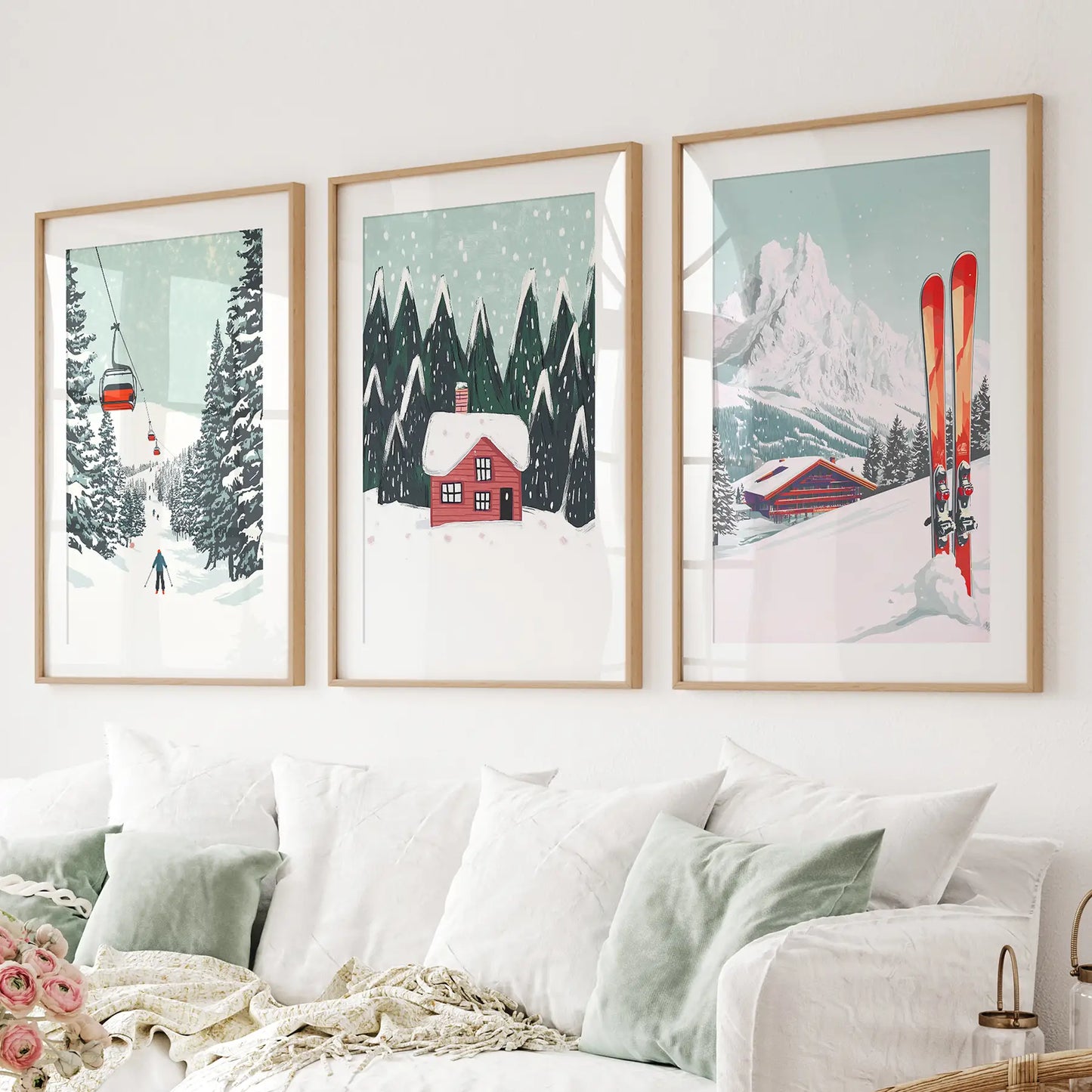 Ski Lifts Cozy Cabin Snowy Peaks Wall Art Set of 3