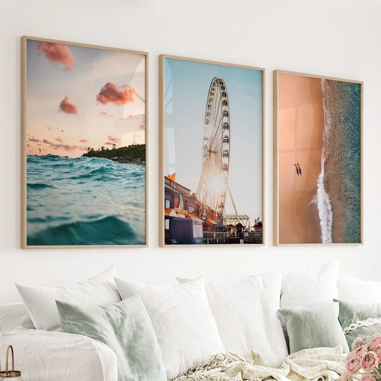 Set of 3 California coastal prints with a Ferris wheel and ocean sunset