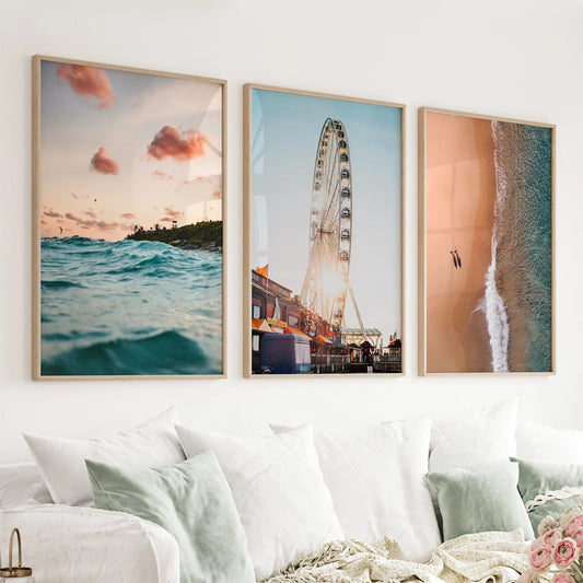 Set of 3 California coastal prints with a Ferris wheel and ocean sunset