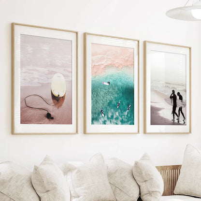 California Surf Wall Art Set, Beige and Turquoise Coastal Prints