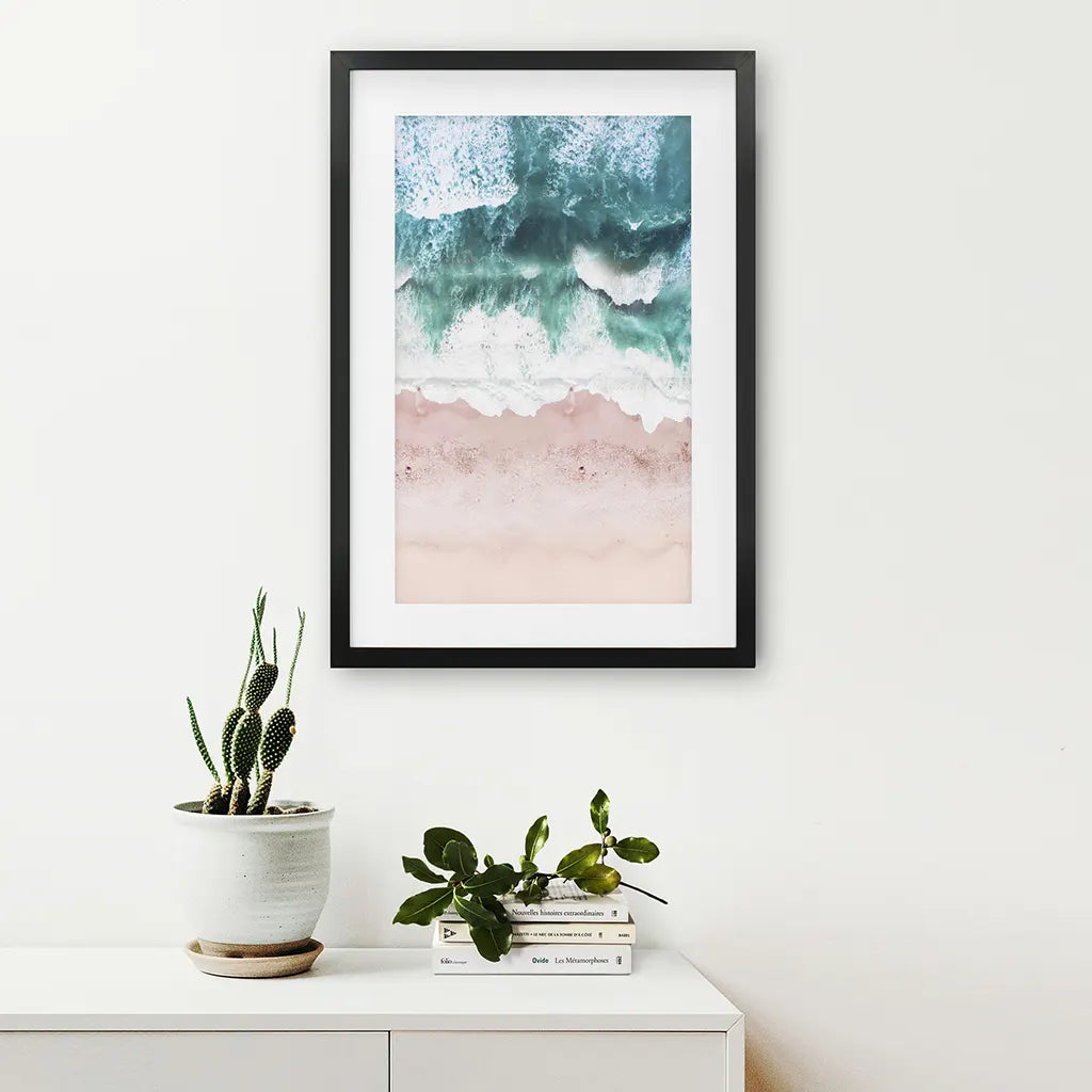 Aerial Coastal Ocean Print - Pink Beach and Blue Waves