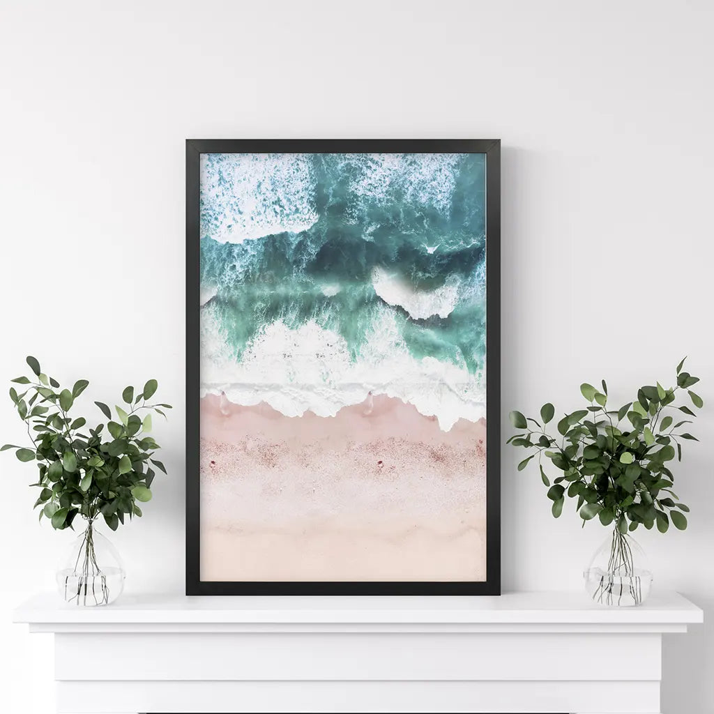 Aerial Coastal Ocean Print - Pink Beach and Blue Waves