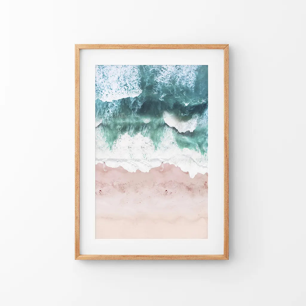 Aerial Coastal Ocean Print - Pink Beach and Blue Waves