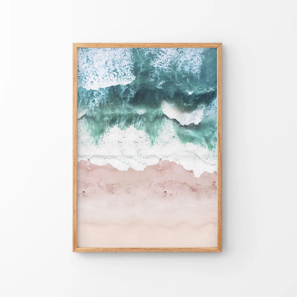 Aerial coastal ocean print pink beach blue waves wall art