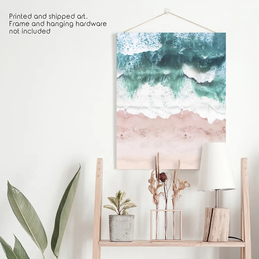 Aerial Coastal Ocean Print - Pink Beach and Blue Waves