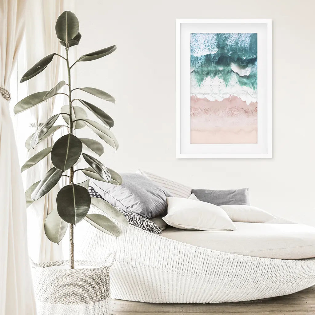 Aerial Coastal Ocean Print - Pink Beach and Blue Waves
