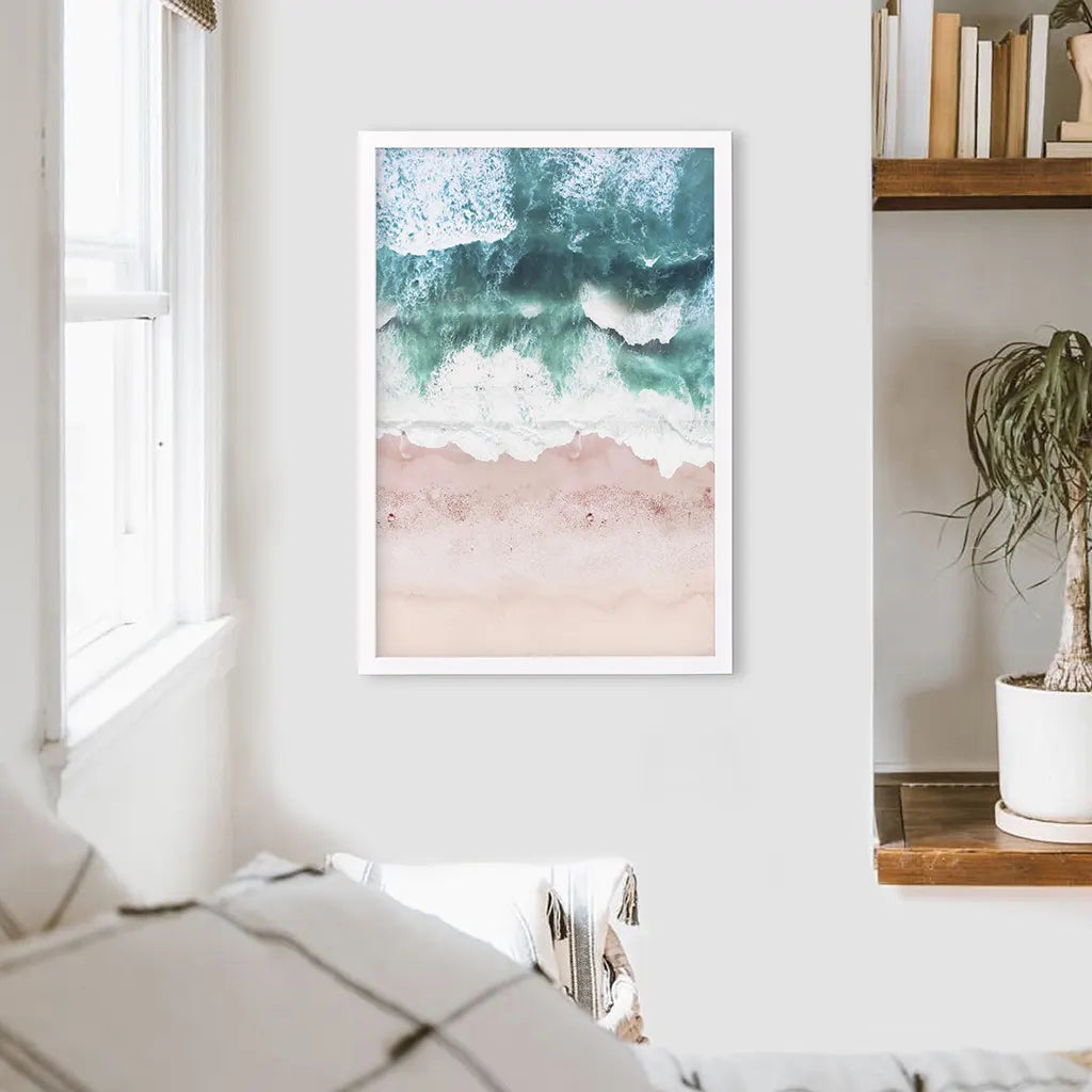 Aerial Coastal Ocean Print - Pink Beach and Blue Waves